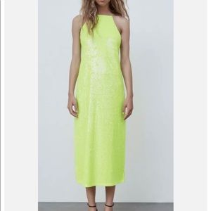 NWT Zara Dress Women’s L Neon Green Sequin Sleeveless Midi Slit Open High Neck